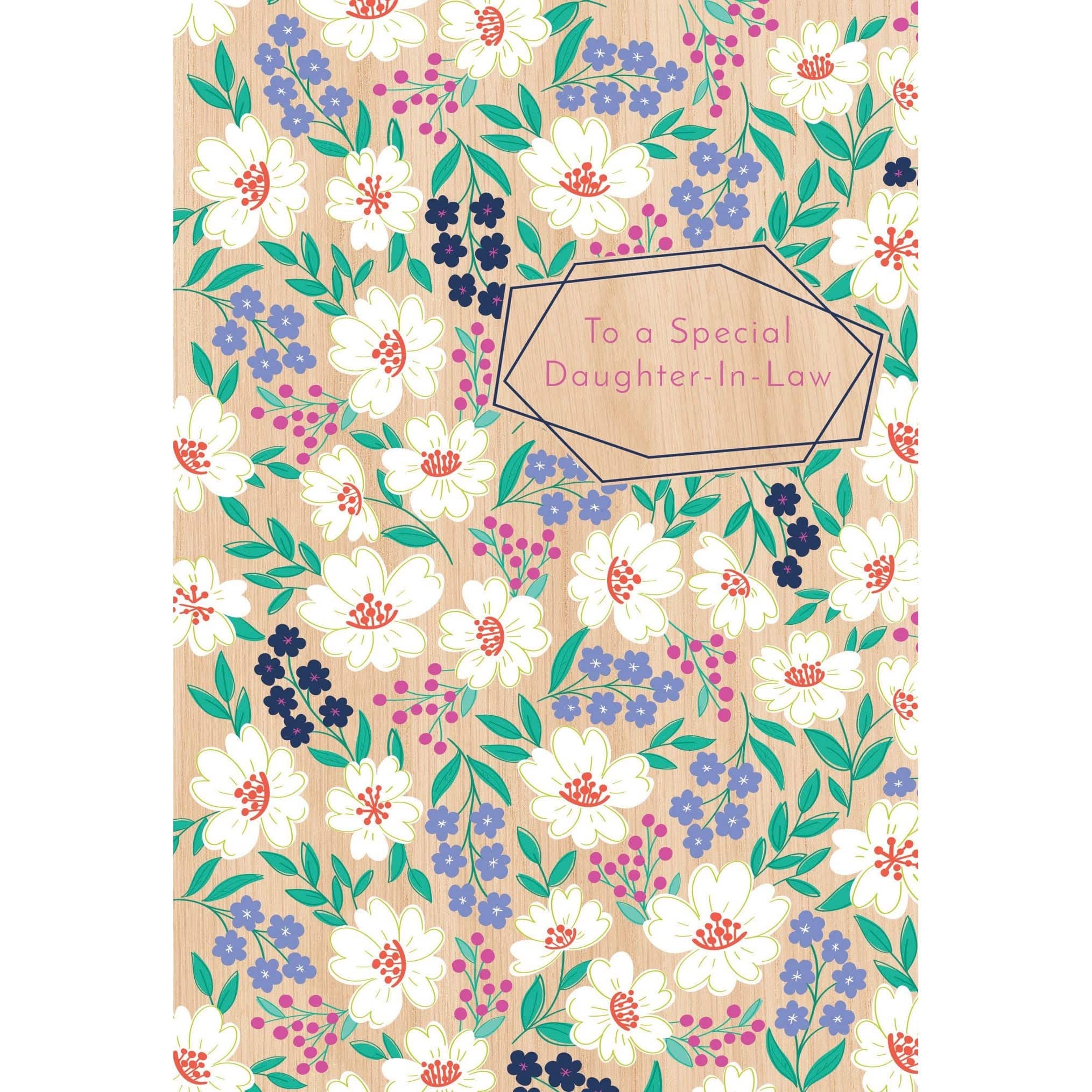 White and blue floral Mother's Day card for daughter-in-law by Pictura, featuring colorful flower illustrations and elegant design.